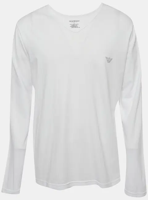 Emporio Armani White Jersey Long Sleeve V-Neck T-Shirt XL