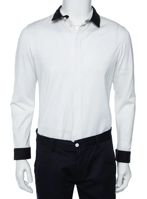 Emporio Armani White Cotton Contrast Wool Trim Button Front Shirt XL