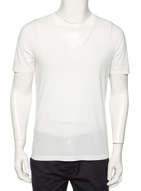 Emporio Armani White Logo Embroidered Cotton V-Neck T-Shirt S