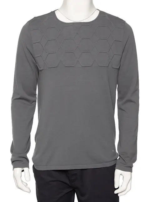 Emporio Armani Grey Embossed Knit Round Neck Sweater L
