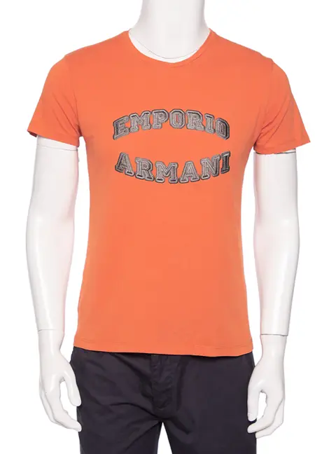 Emporio Armani Orange Logo Embroidered Cotton Crewneck T-Shirt M