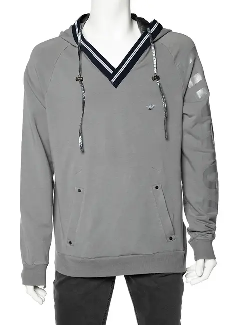 Emporio Armani Grey Cotton Knit Contrast Trim hooded Sweatshirt 3XL