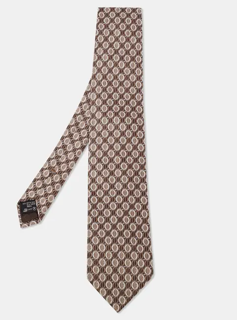 Ermenegildo Zegna Brown Geometric Pattern Jacquard Silk Tie