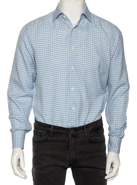 Ermenegildo Zegna Light Blue Check Cotton Button Front Regular Fit Shirt M