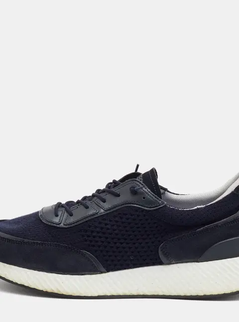 Ermenegildo Zegna Size 46 Navy Blue/Black Knit Fabric and Suede Low Top Sneakers