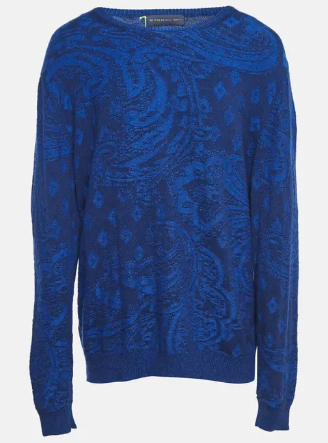 Etro Blue Paisley Knit Crew Neck Sweater XXL