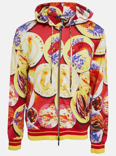 Etro Red Seafood Print Cotton Knit Zip-Up Hoodie XL