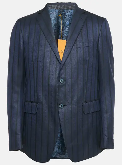 Etro Navy Blue Stripe Wool Blend Single Breasted Blazer L
