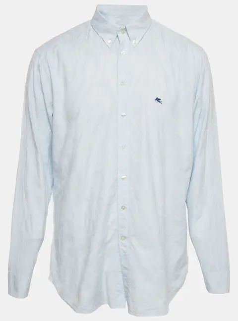 Etro Light Blue Paisley Jacquard Cotton Button Front Shirt XXL