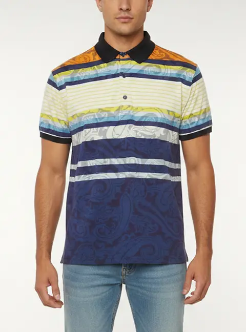 Etro Multicolor Striped Paisley Print Piqu&eacute; Knit Polo T-Shirt M