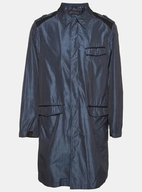 Etro Blue/Grey Check Synthetic Leather Trim Coat XXL