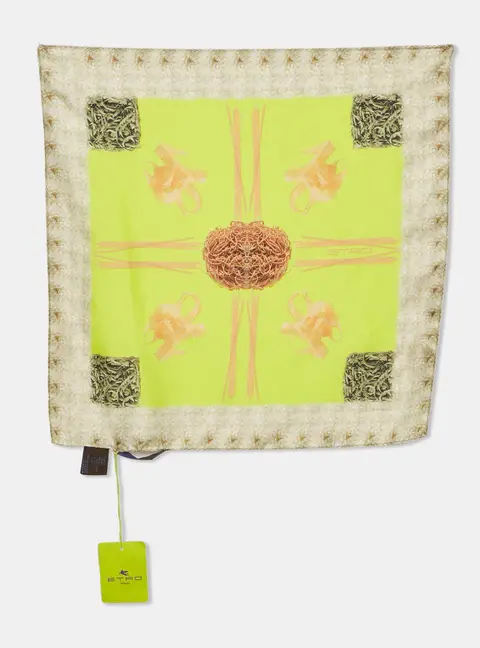 Etro Neon Green Spaghetti Printed Silk Pocket Square
