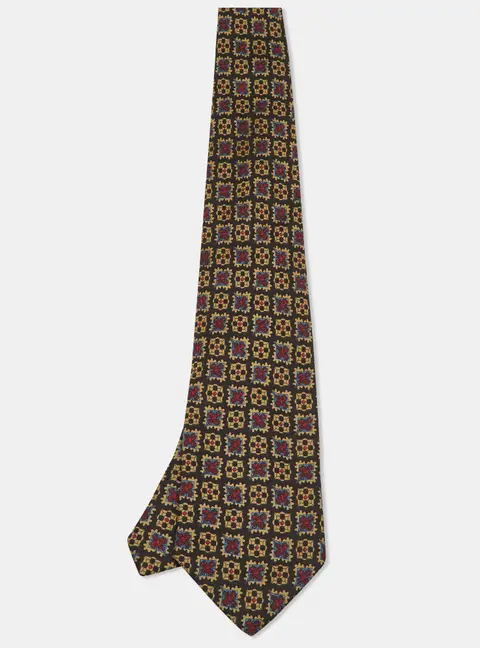 Fendi Vintage Black Geometric Floral Print Silk Tie