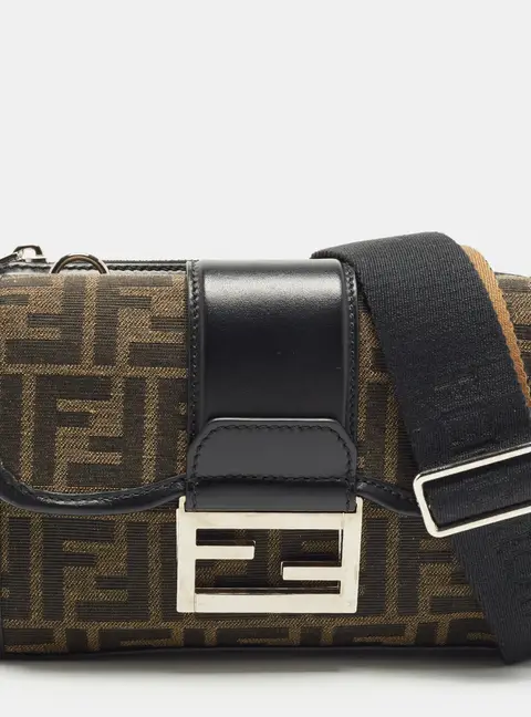 Fendi Double Baguette Black/Tobacco Zucca Canvas and Leather Crossbody Bag