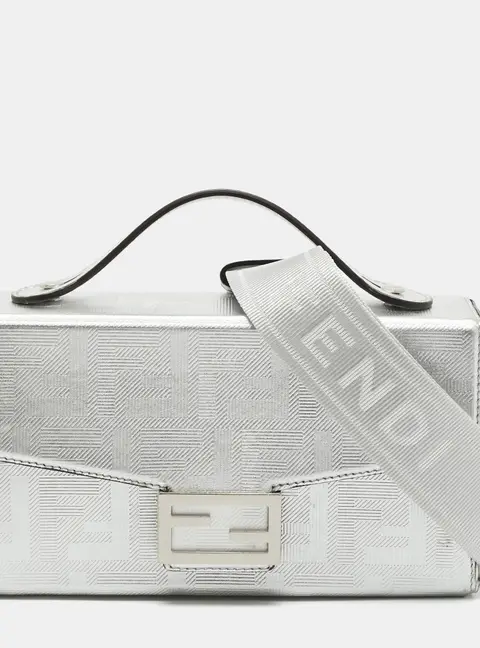 Fendi Soft Trunk Baguette Silver Zucca Embossed Leather Crossbody Bag