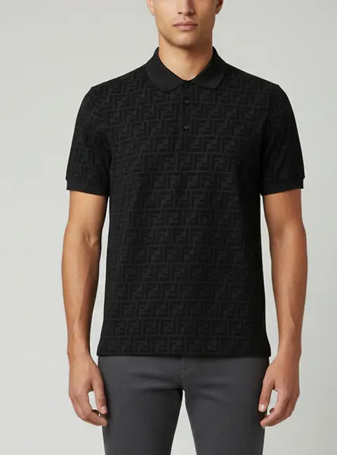 Fendi Black Zucca Flocked Pattern Jersey Polo T-Shirt XL