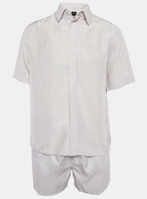 Fendi White/Purple Logo Print Silk and Synthetic Shirt & Shorts Set M/XL