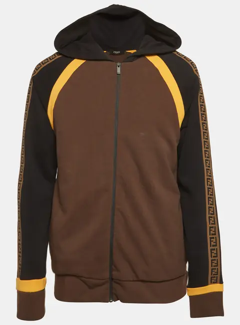 Fendi Black Knit Logo Tape Detail Hooded Jacket L