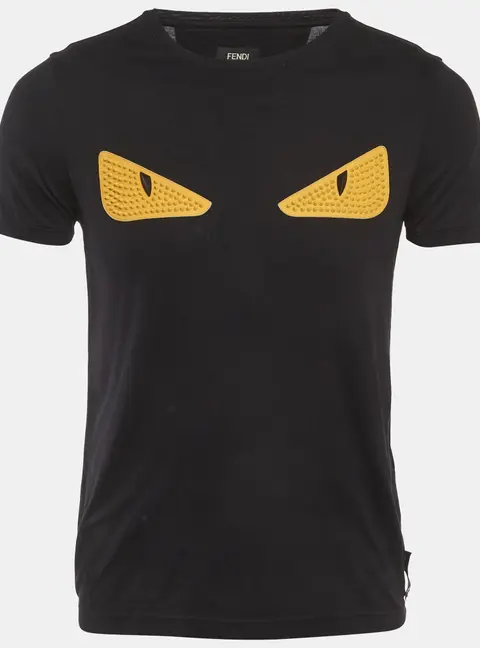 Fendi Black Textured Leather Monster Eye Jersey T-Shirt S