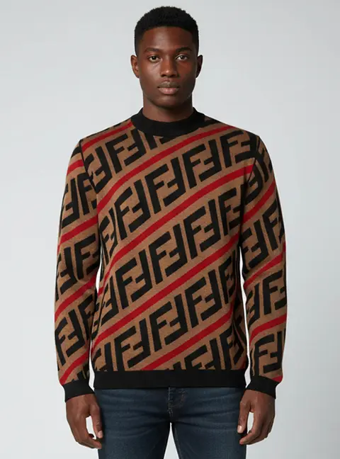 Fendi Brown/Red FF Logo Diagonal Stripe Wool Knit Long Sleeve Sweater XL