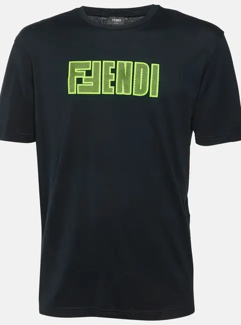 Fendi Black Cotton Fluo Logo Detail Crew Neck T-Shirt L