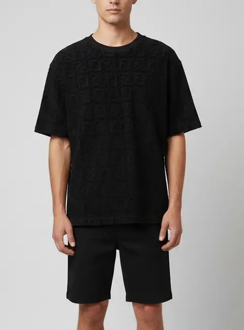 Fendi Navy Blue Logo Karligraphy Textured Terry Crew Neck T-Shirt L