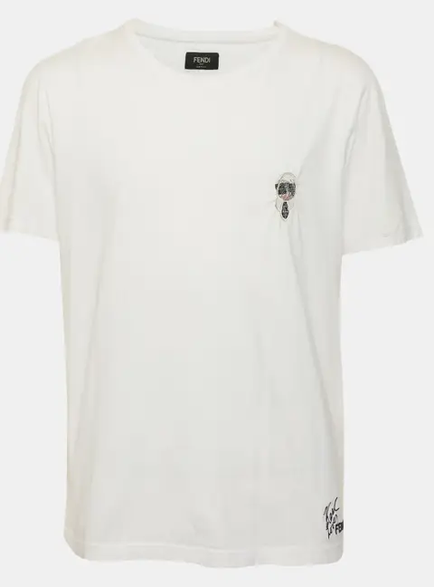 Fendi White Cotton Karl Lagerfeld Embellished T-Shirt XL