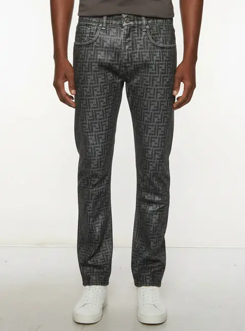 Fendi Grey Flocked Monogram Denim Straight Fit Jeans L