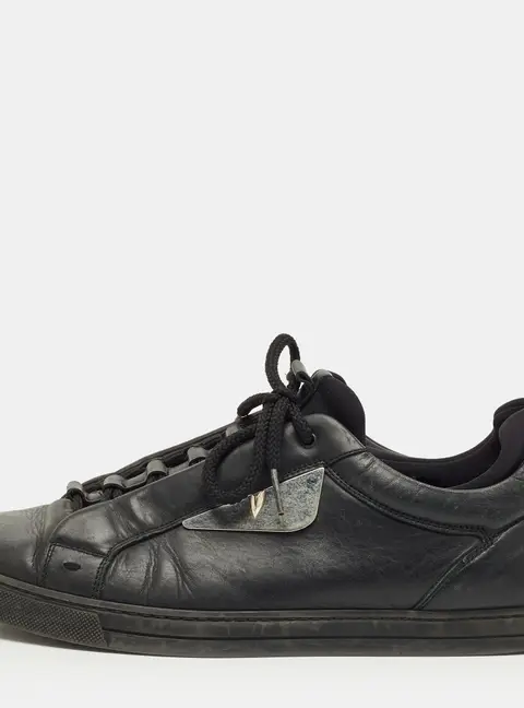 Fendi Black Leather and Fabric Monster Eye Mid Top Sneakers Size 43