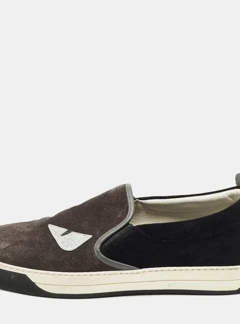 Fendi Monster Eyes Size 44.5 Black/Grey Leather and Suede Slip On Sneakers