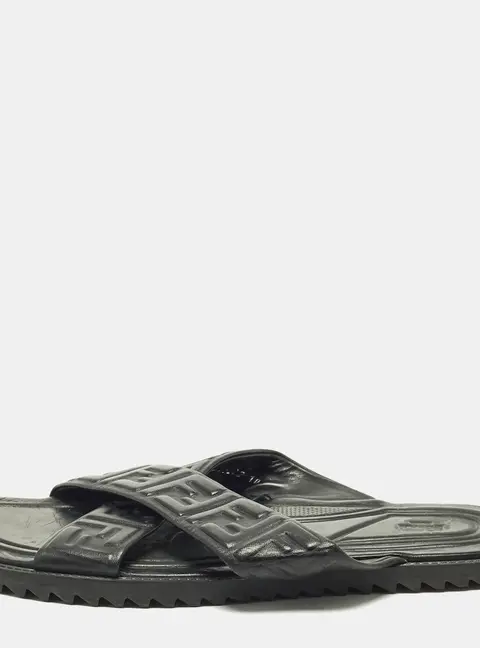 Fendi Size 44 Black Leather FF Logo Criss Cross Flat Slide