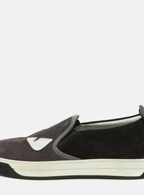 Fendi Monster Eyes Size 41 Dark Grey/Black Suede Slip On Sneakers