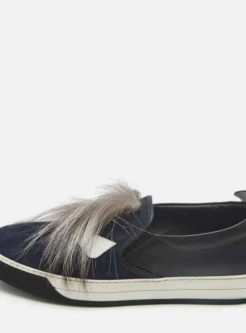Fendi Monster Size 43 Navy Blue/Black  Leather and Suede Slip On Sneakers