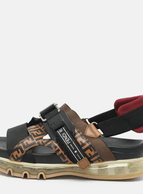 Fendi Band Running Size 41 Black/Zucca Leather and Elastic Flat Sandals