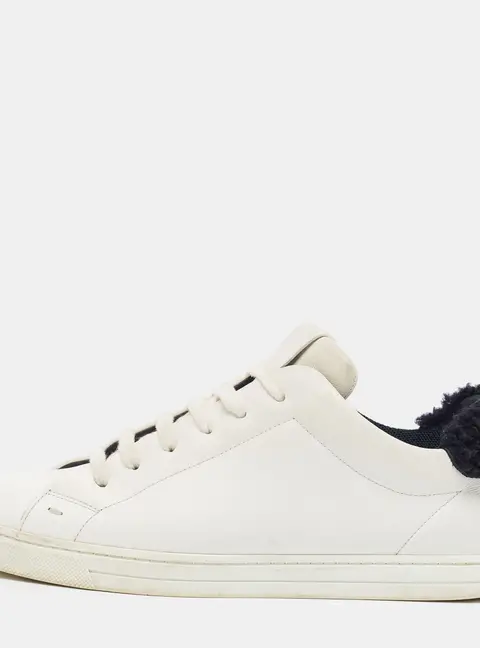 Fendi Size 41 White/Black Leather and Shearling Trim Low Top Sneakers
