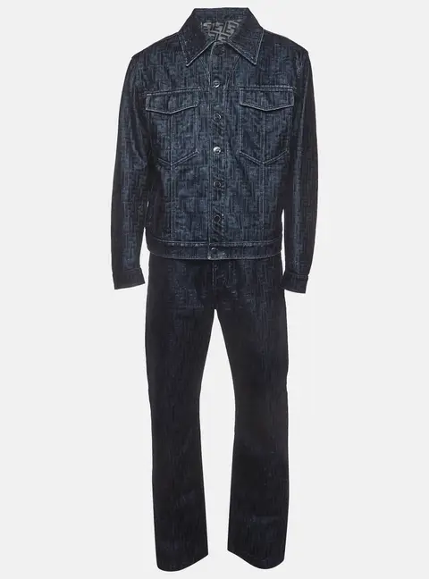 Fendi Navy Blue Monogram Denim Jacket and Jeans Set M/Waist 35"