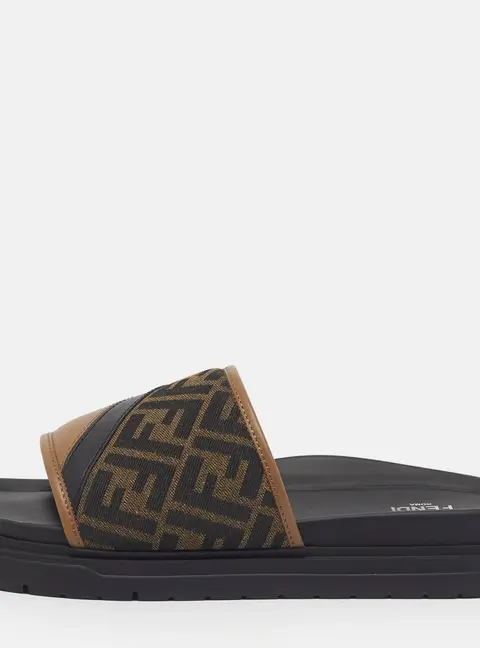 Fendi FF Size 43 Brown Canvas and Leather Logo Detail Slide Sandals