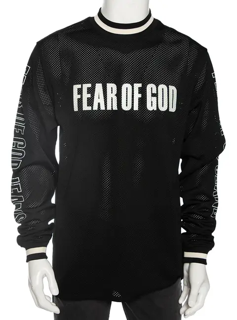 Fear of God Black Synthetic Logo Print Long Sleeved Mesh-Jersey T-Shirt S