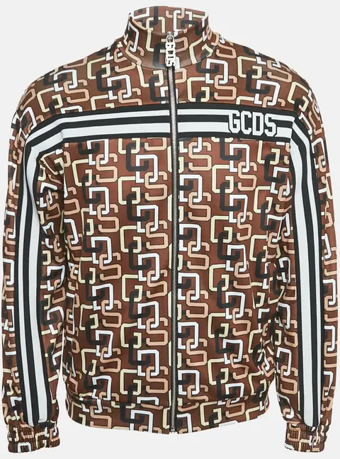 GCDS Brown Logo Print Jersey Zip-Up Jacket S
