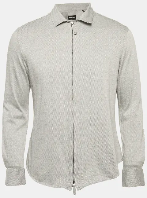 Giorgio Armani Grey Herringbone Cotton Blend Zip-Up Shirt M