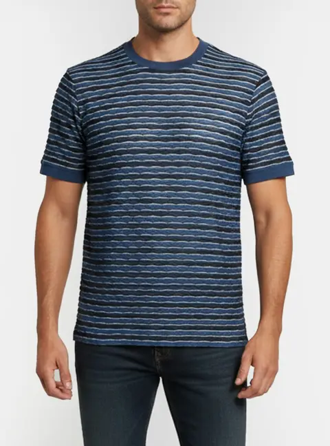 Giorgio Armani Blue Textured Striped Knit T-Shirt XL