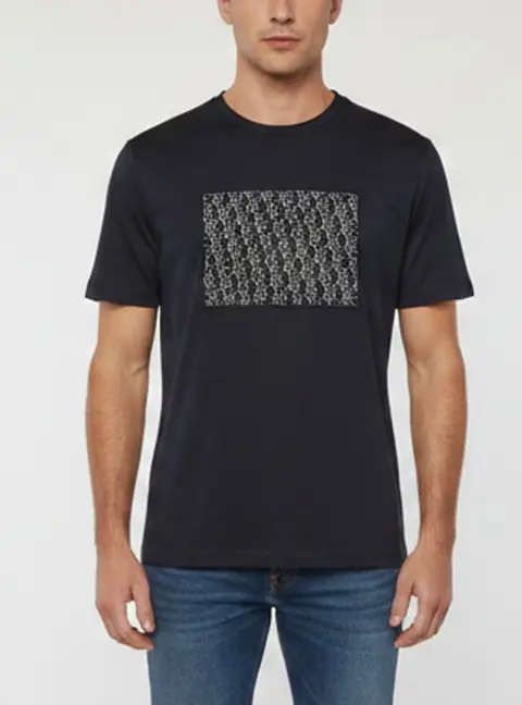 Giorgio Armani Navy Blue Monogram Applique Jersey and Silk T-Shirt XL