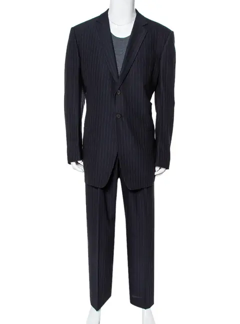 Giorgio Armani Classico Midnight Blue Pinstriped Wool & Silk Suit 5XL