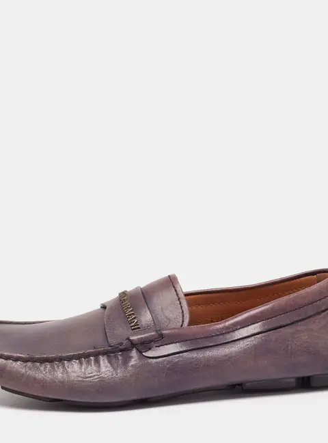 Giorgio Armani Blue Indigo Leather Logo Slip On Loafers Size 40.5