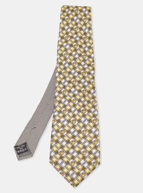 Gianni Versace Vintage Yellow Geometric Pattern Silk Jacquard Tie