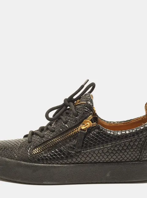 Giuseppe Zanotti Frankie Double Zip Size 42 Black Python Embossed Leather Low Top Sneakers