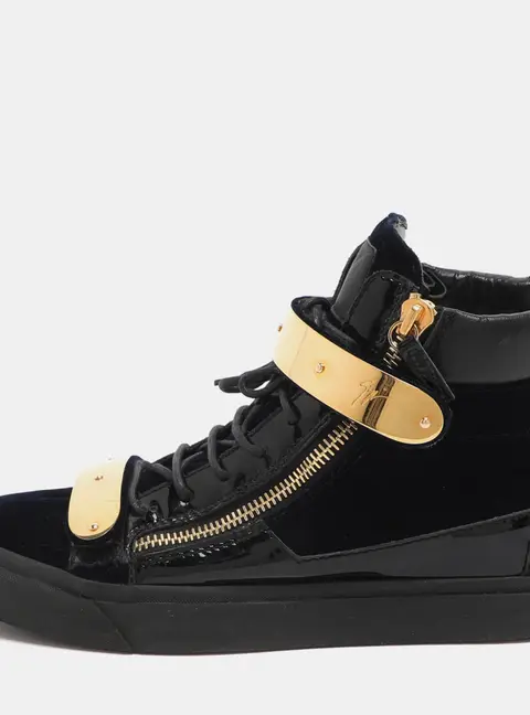 Giuseppe Zanotti Coby Size 42 Navy Blue/Black Patent Leather and Velvet High Top Sneakers