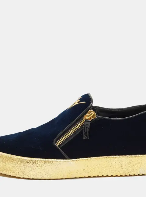 Giuseppe Zanotti Frankie Size 44 Navy Blue Patent Leather and Velvet Low Top Sneakers