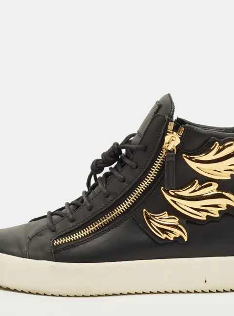 Giuseppe Zanotti Size 43.5 Black Leather Wings Double Side Zip High Top Sneakers