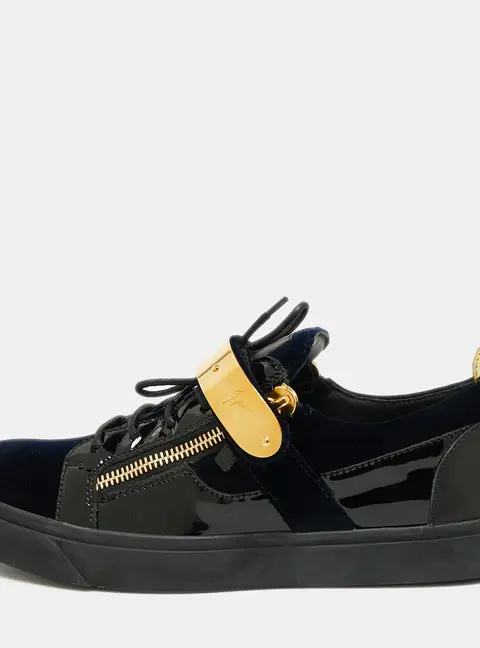Giuseppe Zanotti Frankie Size 45 Navy Blue/Black Patent Leather and Velvet Low Top Sneakers